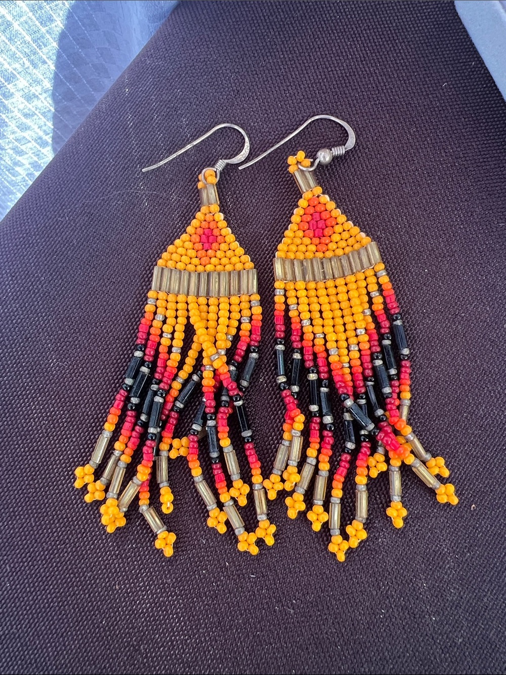 Handmade Beaded Fringe Earrings in Yellow, Red & Black